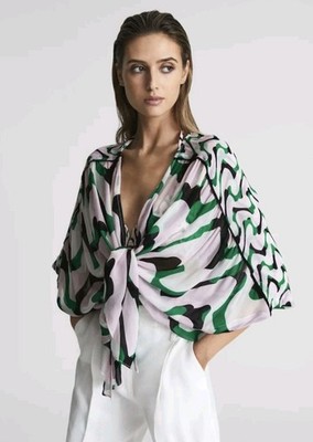 Reiss Paige bedrucktes Resort Schal Top, rosa/grün - Größe 10