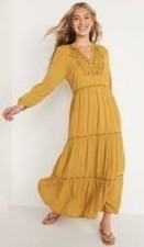 Old Navy Womens 3X Embroidered peasant Tiered boho v-neck Maxi Dress long sleeve