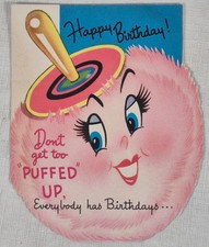 Vintage Anthropomorphic Powder Puff Die Cut Birthday Card 1952