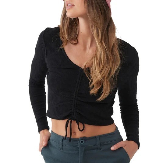 O’NEILL Leanne Crop Top Sz M Black Ribbed Raglan Sleeve VNeck Tie Cotton Blend