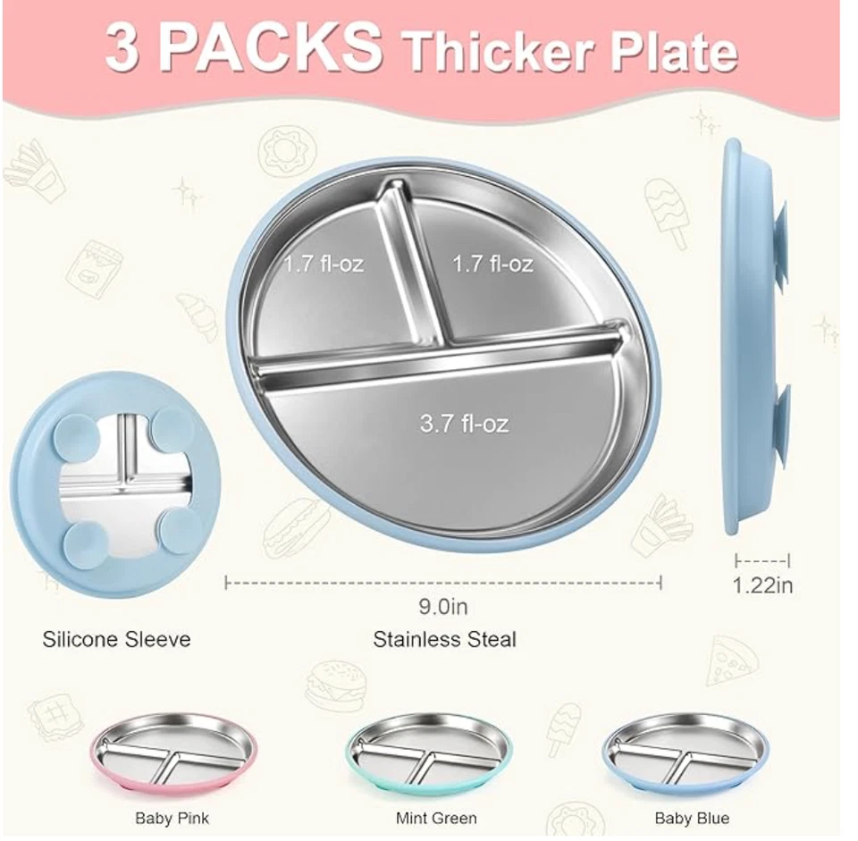Platos de succión de silicona de acero inoxidable para niños pequeños, 3 paquetes de platos antideslizantes para bebés, Div Foto 4 de 4