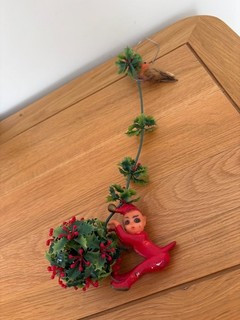 Vintage 1960s Pixie/Elf on Holly Ball Christmas Hanging Decoration