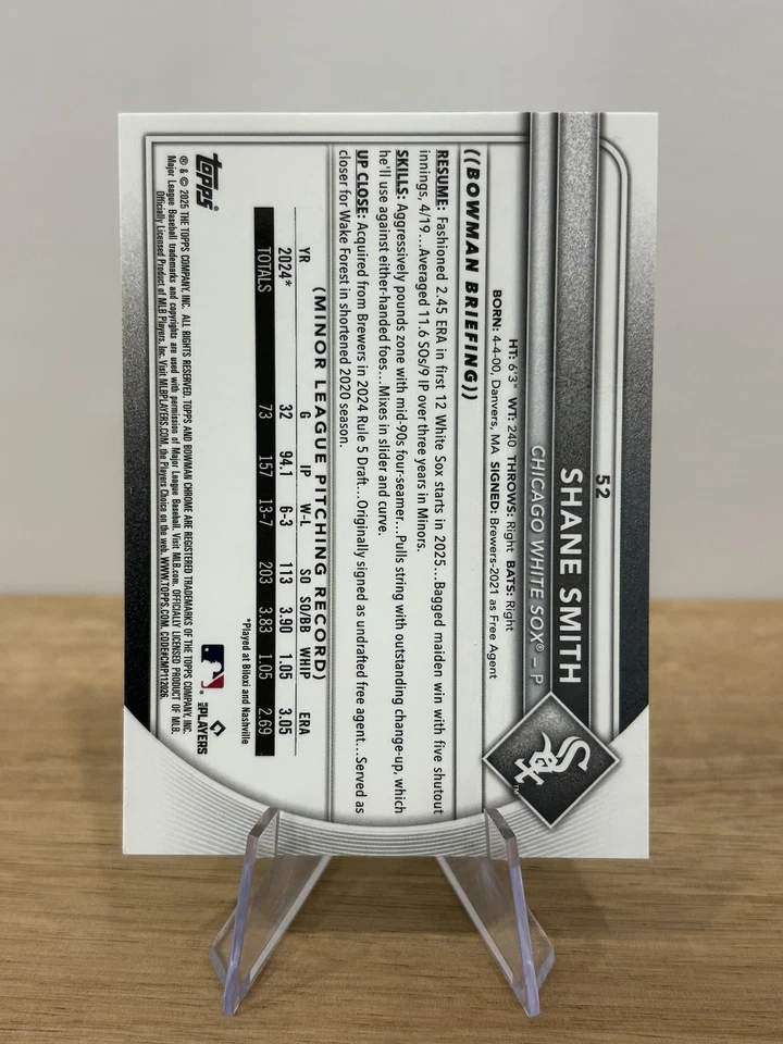 2025 Bowman Chrome Shane Smith Green Wave Refactor RC /99 Chicago White Sox - Image 2 of 2