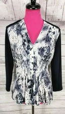 Catherine Malandrino Blouse Size M Women Blue Abstract Pleated V-Neck 3/4 Sleeve