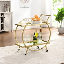 Gold Odessa Bar Cart, 2 Tier Mobile Mini Bar, Kitchen Serving Cart and Coffee St