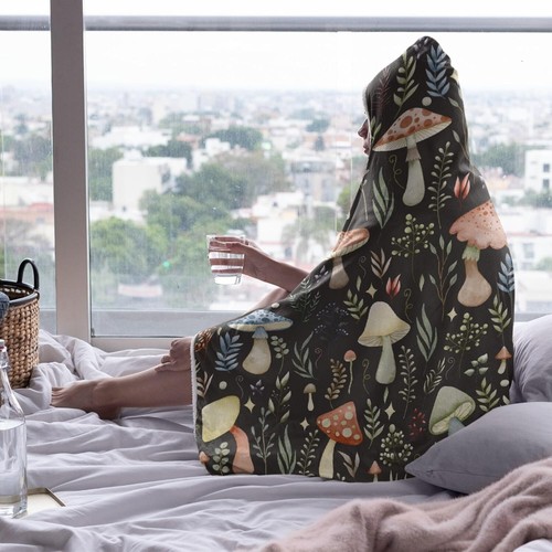 Cozy 80"x60" Mushroom Flannel Hooded Blanket - Perfect Gift for All Seasons - Picture 5 of 8