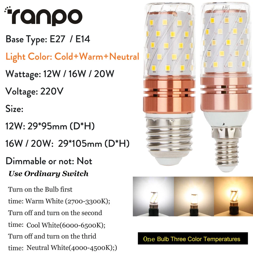 E14 E27 LED Corn Bulb Light 20W 16W 12W 3 Colors 220V 2835SMD Lamp High Power RH - Image 2 of 4