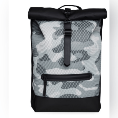 NWT RAINS Rolltop Rucksack Mesh Backpack Camo Gray/Black  display picture 3