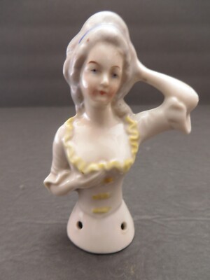 ANTIQUE GERMAN 3 1/2''  PORCELAIN LADY HALF DOLL with Yellow Trim on Blouse