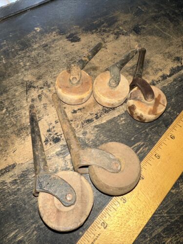 Lot of 5 - Vintage Steel & Wood Wheels/ Caster Wheels. For Cart, Bureau Chair. - Picture 1 of 10