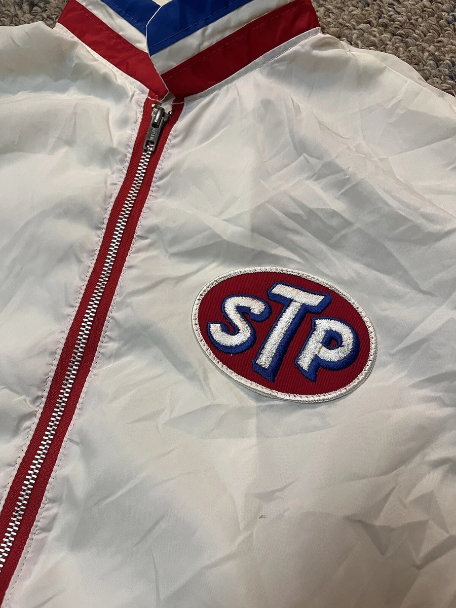 VINTAGE STP Windbreaker Racing Jacket Adult Medium White Nylon Striped Mens 80s