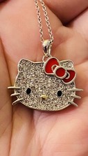 HELLO KITTY SANRIO STERLING 925 RED RIBBON FACE PAVE NECKLACE 7.8 GMS 18 L CPIC