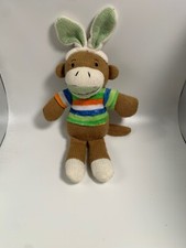 Dan Dee 12" Sock Monkey With Bunny Ears and Green Blue Orange Striped Shirt A2