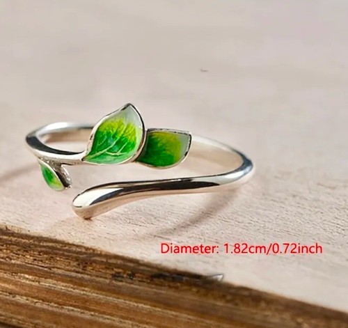 Dainty Nature Green Leaf Tree Women’s Boutique Adjustable Silver Plated Ring ✈️ - Picture 7 of 8
