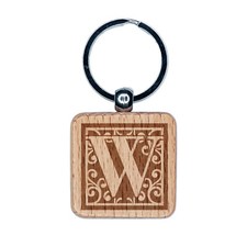 Monogram Swirls Capital Letter W Engraved Wood Square Keychain Tag Charm