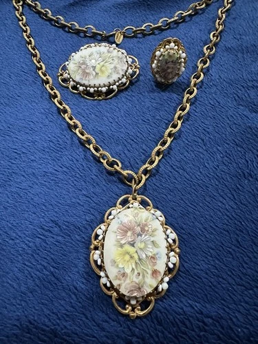 Vtg Miriam Haskell Gold Tone Floral Limoges Porcelain Necklace, Brooch, Ring Set