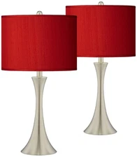 Industrial Touch Table Lamps Set of 2 LED Brushed Nickel Red Shade Living Room