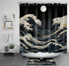 Night Starry Full Moon Japanese Anime Shower Curtain Bathroom Accessories Set
