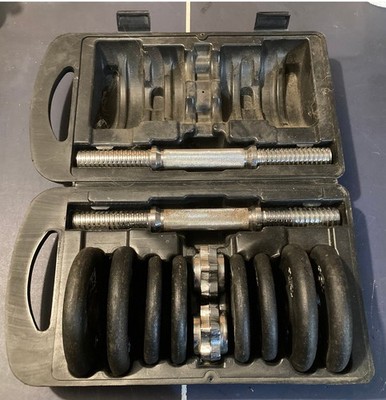 30lb DUMBBELL SET in CASE: 2 BARS, 4 SPIN COLLARS, (4) 5lb & (4) 2-1/2lb !!