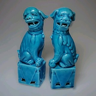 Vintage Pair of Chinese Blue Turquoise Glazed Ceramic Foo Dogs 4 5/8" Tall