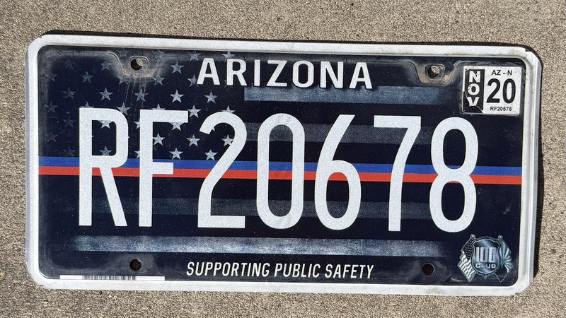AZ Police Fire License Plate Arizona Supporting Public Safety Blue Red Line