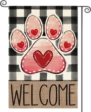 Paw Print Love Hearts Valentines Day Garden Flag 12X18 Inch Double Sided, Welcom