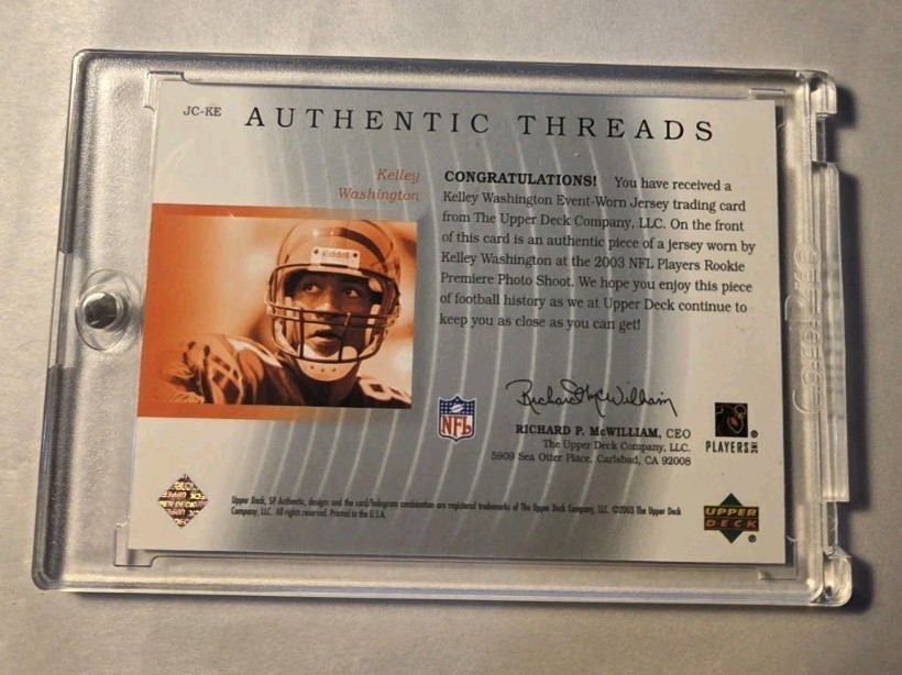 Kelley Washington Rookie Game Used Jersey Card Seahawks RC view 2