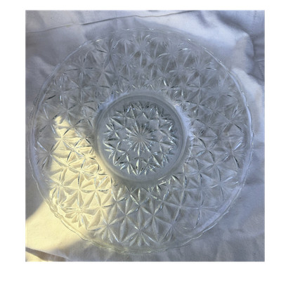Clear Pressed Glass Decorative Plate, Geometric Pattern, Round Glossy Finish