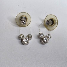 Authentic Disney Mickey Mouse Icon Stud Earrings Silver Tone Crystal Marked