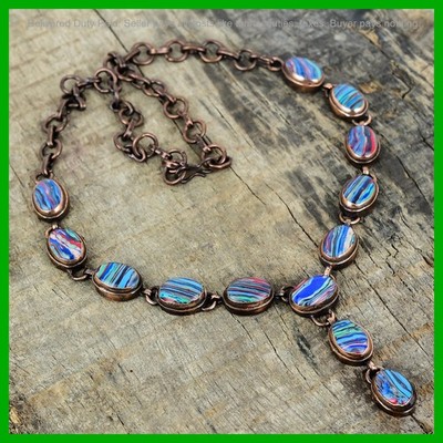 Oval Natural Rainbow Calsilica Copper Bezel Wedding Electroformed Chain Necklace