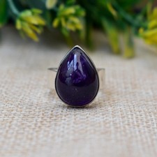 925 Sterling Silver Pear Amethyst Statement Ring, Boho Minimalist Band