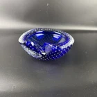 Vintage Murano Glass Cigar Ashtray Blue Bubbles Geode Shape Heavy