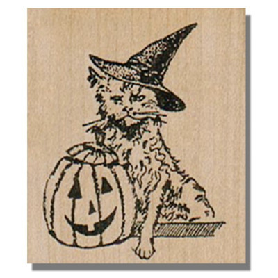 NEW Rubber Stamp, Black Cat Witch With Pumpkin, Halloween Kitten Spooky Smiling