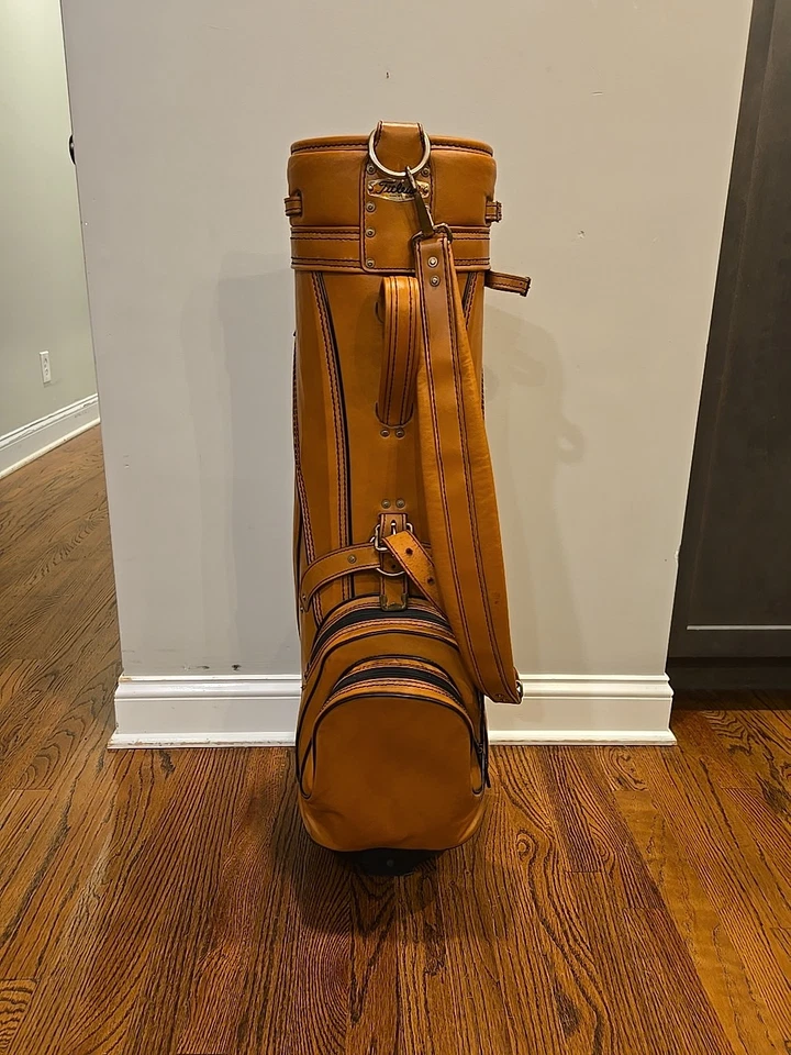 复古 Titlelist 高尔夫球包 手推车包 带原装雨罩 棕色 人造皮革   — 第 2/4 张图片