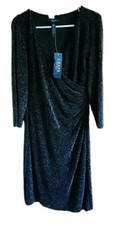 NWT Chaps Womens Black/Silver Sparkle Vneck Wrap Dress 3/4 Sleeves Lined SZ 12
