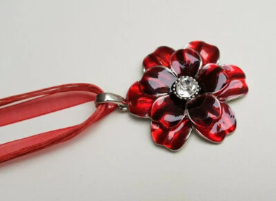 Bänderkette 51 cm Blumen Anhänger 5,5 cm rot klar K 153 - Bild 1 von 4
