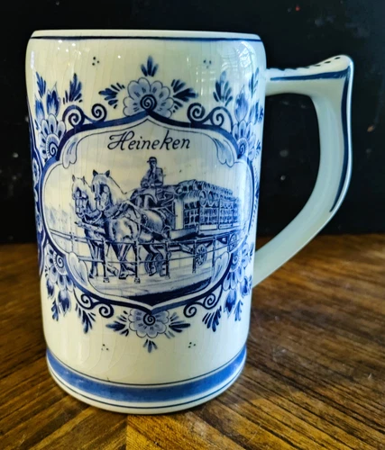 Vtg Blue Delfts Heineken 5 1/4" Hand Painted Wagon/Windmill Beer Mug Stein-Holla