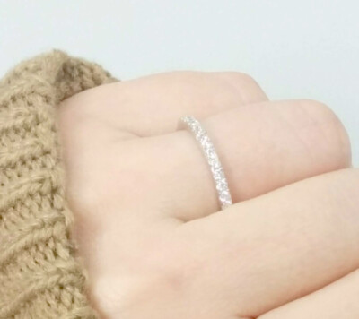 Solid Sterling Silver 2mm Stackable Thin CZ Skinny Ring Wedding Band Anniversary