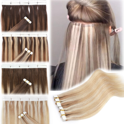 80PCS Tape In Real Remy Human Hair Extensions Skin Weft Thick Full Head Brunette