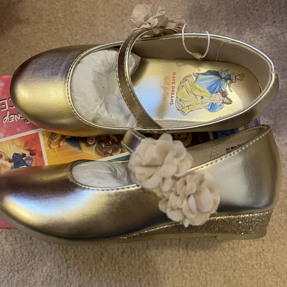 Vestido infantil feminino princesa Disney dourado Belle Cinderella tamanhos EUA 5-11.5 - Imagem 3 de 4