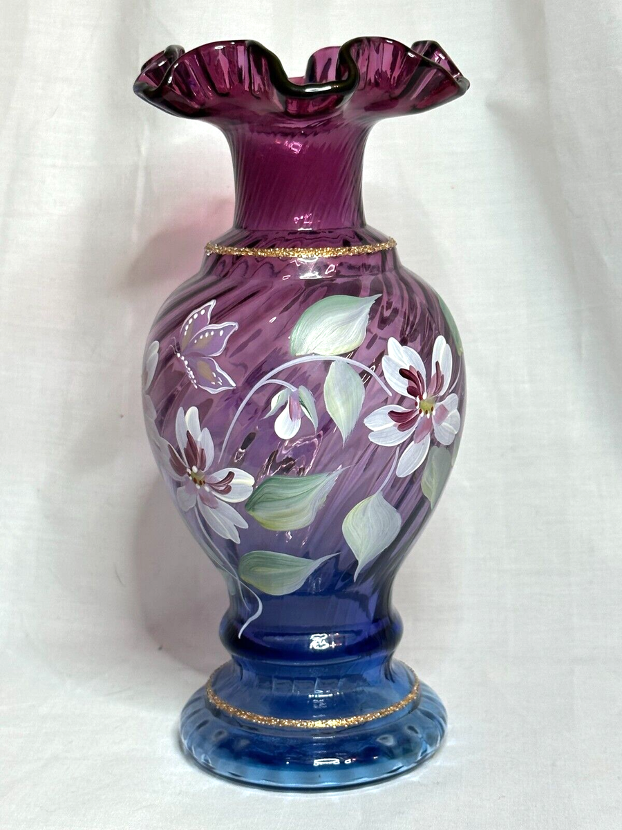 Fenton art glass hand painted Sue Jackson mulberry vase | eBay