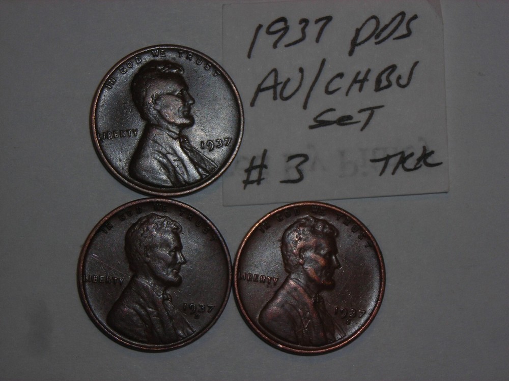 wheat penny CH AU 1937,1937d,1937s SET LINCOLN CENTS 1937-p,1937-d,1937-s LOT #3