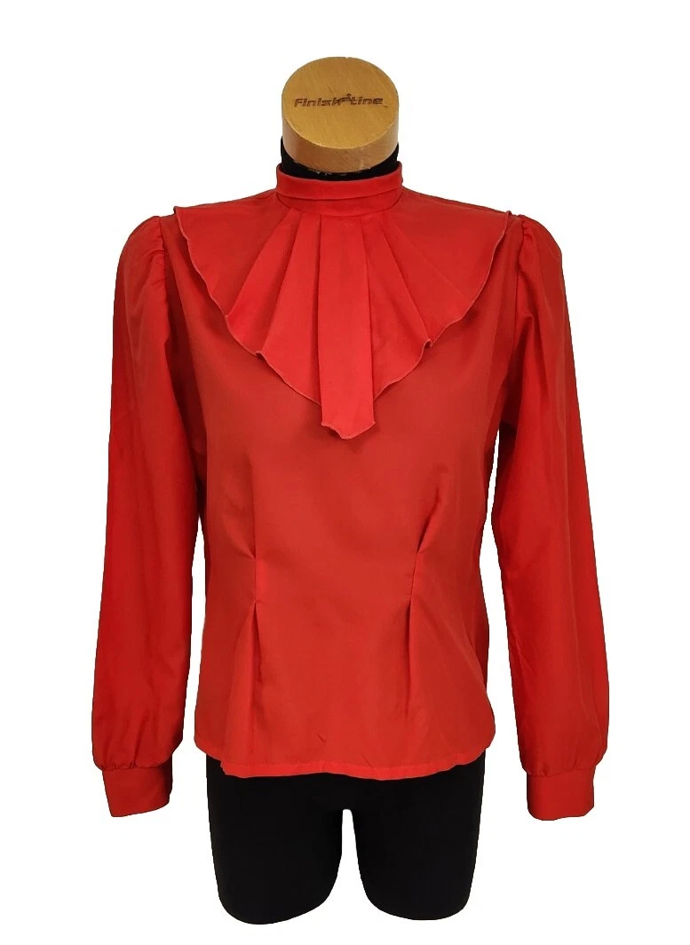 Vtg 70s Rust Red Long Sleeve Blouse Oversized Ruffled Collar Fitted Waist Retro