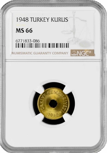 Turkey 1 kurus 1948, NGC MS66, "Republic of Turkey (1934 - 1980)" Top Pop