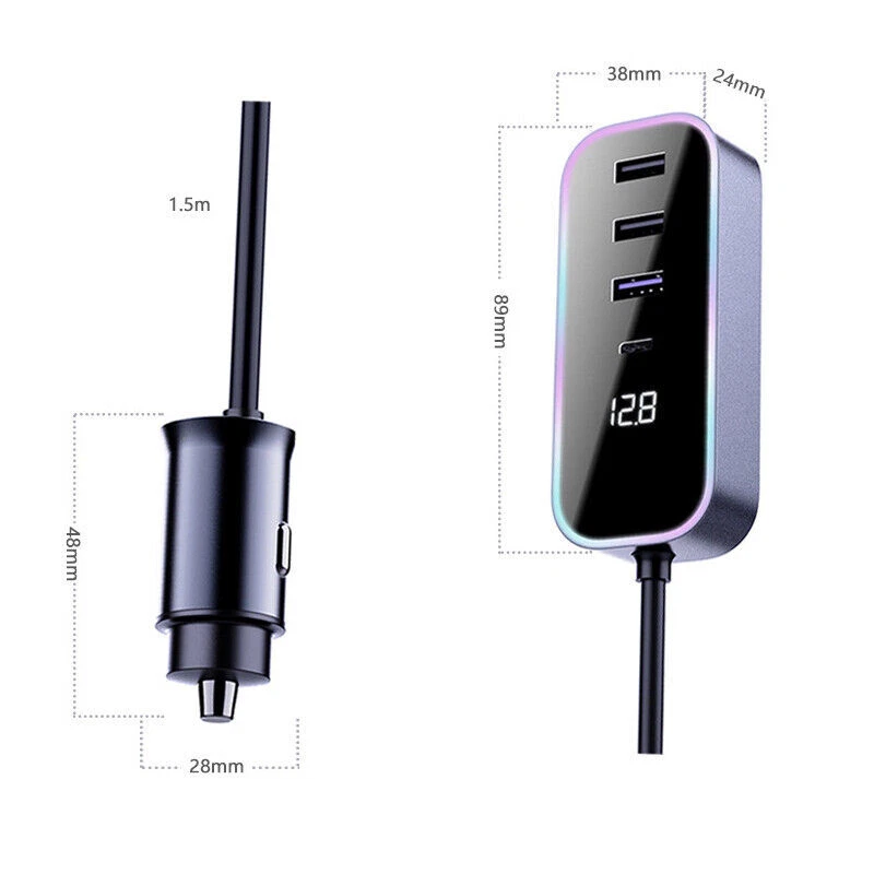 Adaptador de 5 puertos múltiples cargador de coche encendedor de cigarrillos USB carga rápida para asiento trasero Foto 2 de 4