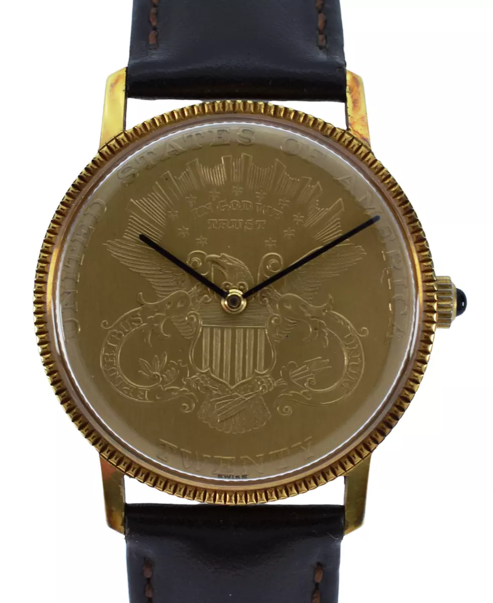 Vintage 34mm 20 Dollar Gold Coin Gold Plated Swiss Mechanical Watch Ref 7001