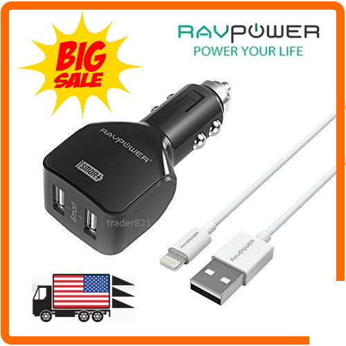 RAVPower 24W Dual USB Car Charger iSmart 2.0 + 3ft MFi Cable for