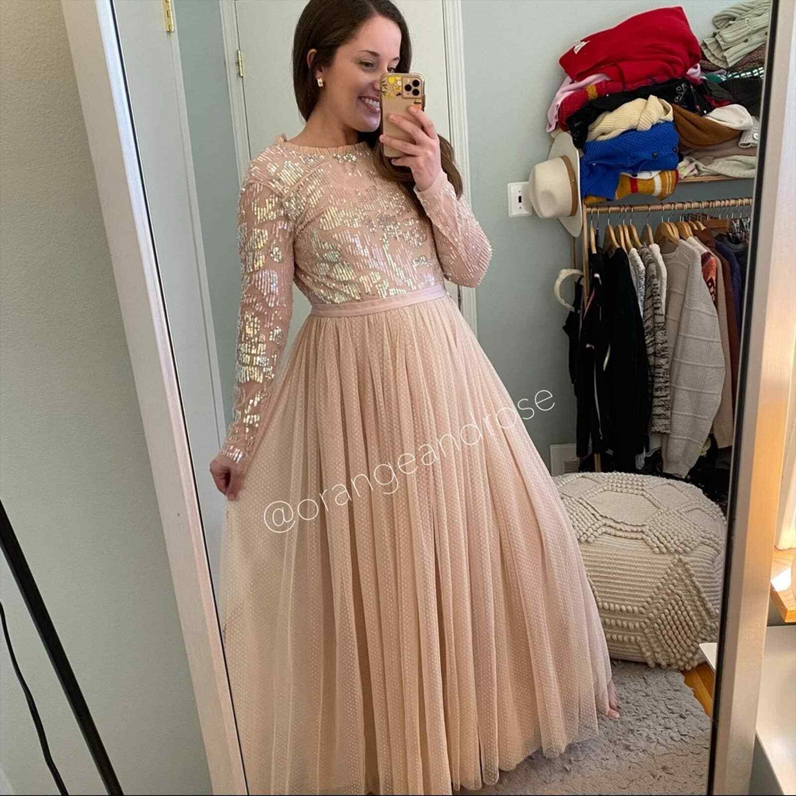 Needle & Thread Blush Pink Sequin Long Sleeve mesh Open Back Tulle Maxi Gown 6