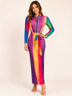 Women s Multicolor Colorblock Mock Neck Zip Front Belted Jumpsuit S