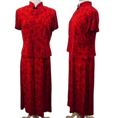 Vintage 90s Qipao Cheongsam Maxi Dress Layered Bodice High Neck Floral Red Black